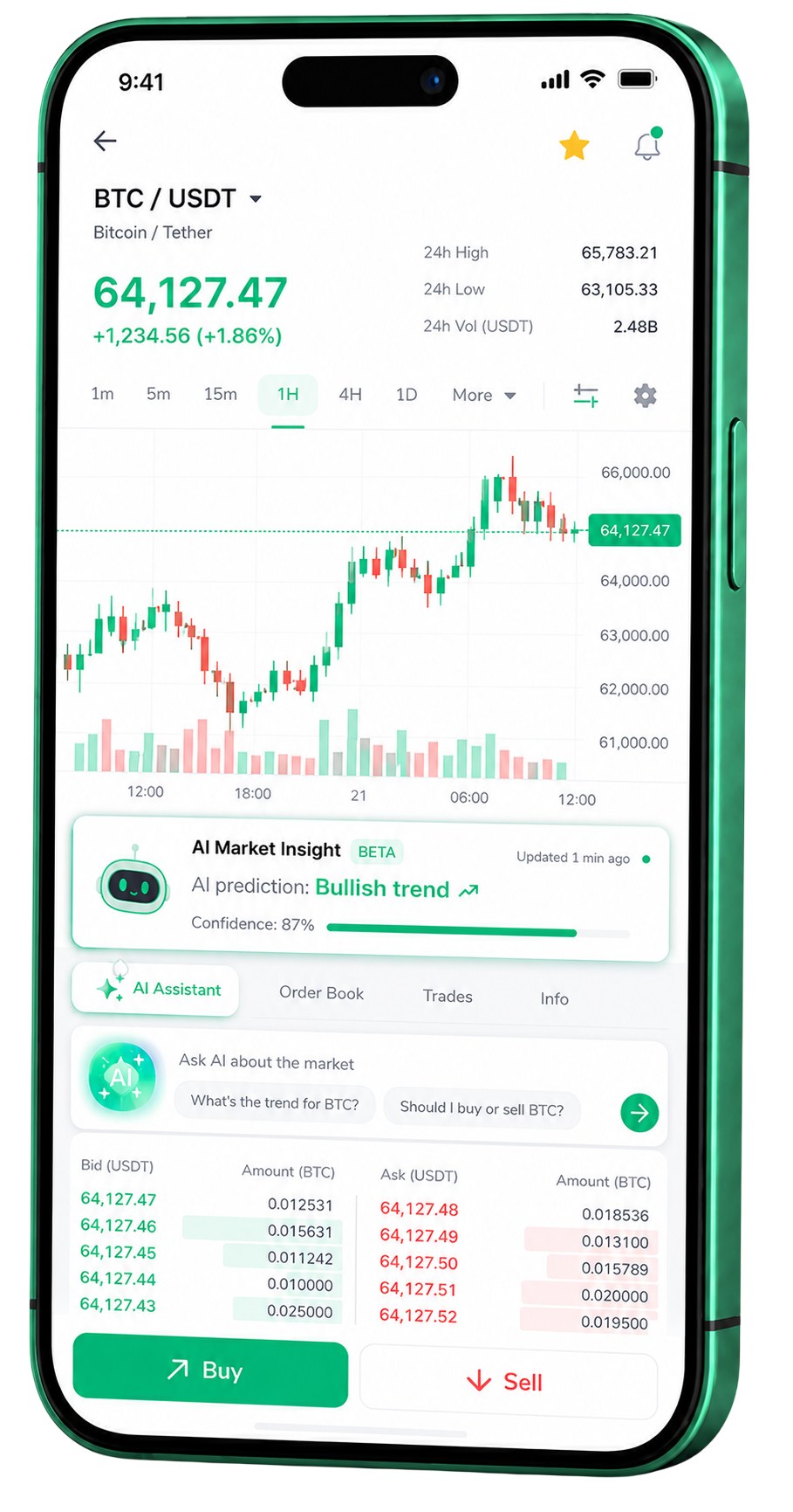 Aplicación móvil de trading Test01 funcionando en un smartphone